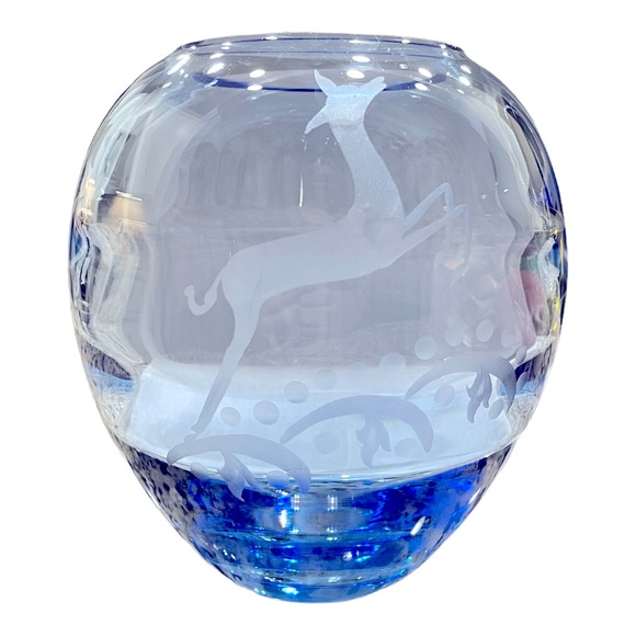 Tiffin Glass | Optic Copen Blue Vase | Deer Sand Carving - Picture 1 of 4